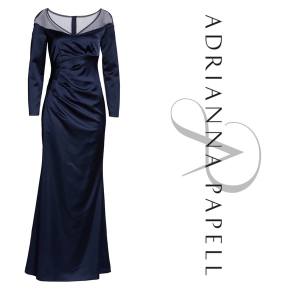 Adrianna  Papell Long Sleeve Illusion Satin Gown - Picture 2 of 4